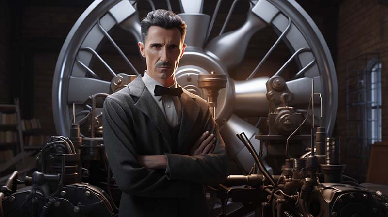 Nikola Tesla standing near a power generator