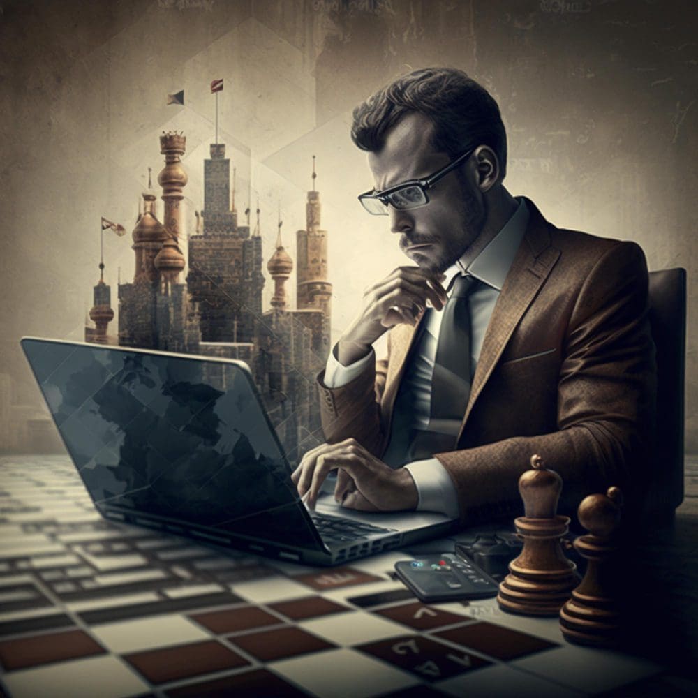 A man utilizing a laptop and chess pieces, engaging in local digital marketing for small businesses.