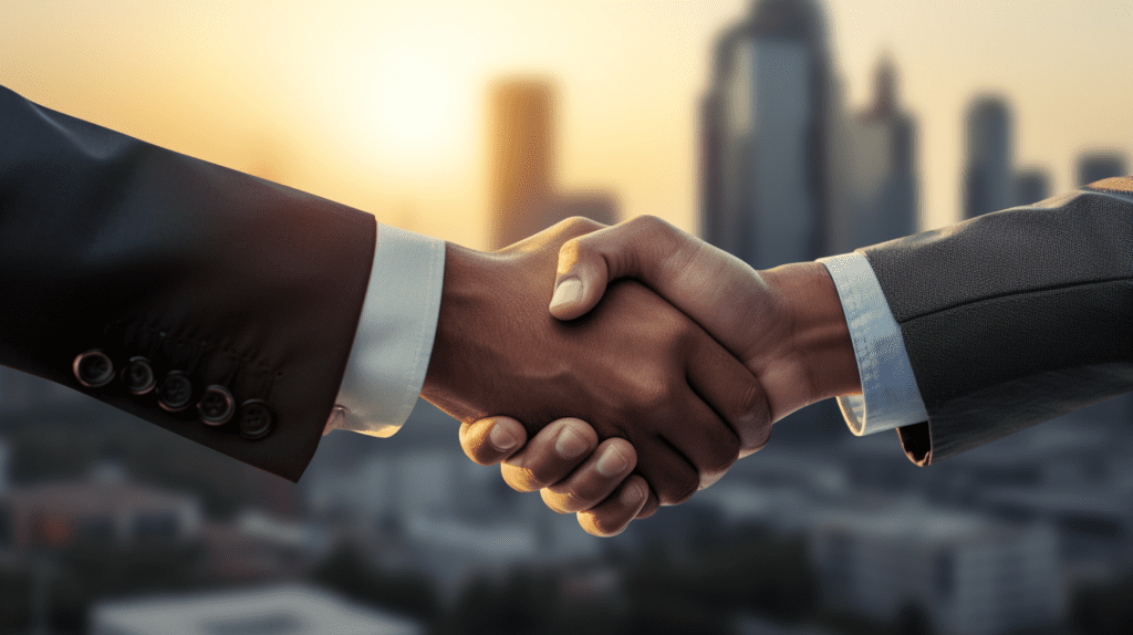 Two businessmen shaking hands in front of a city, symbolizing AI consulting for business optimization.