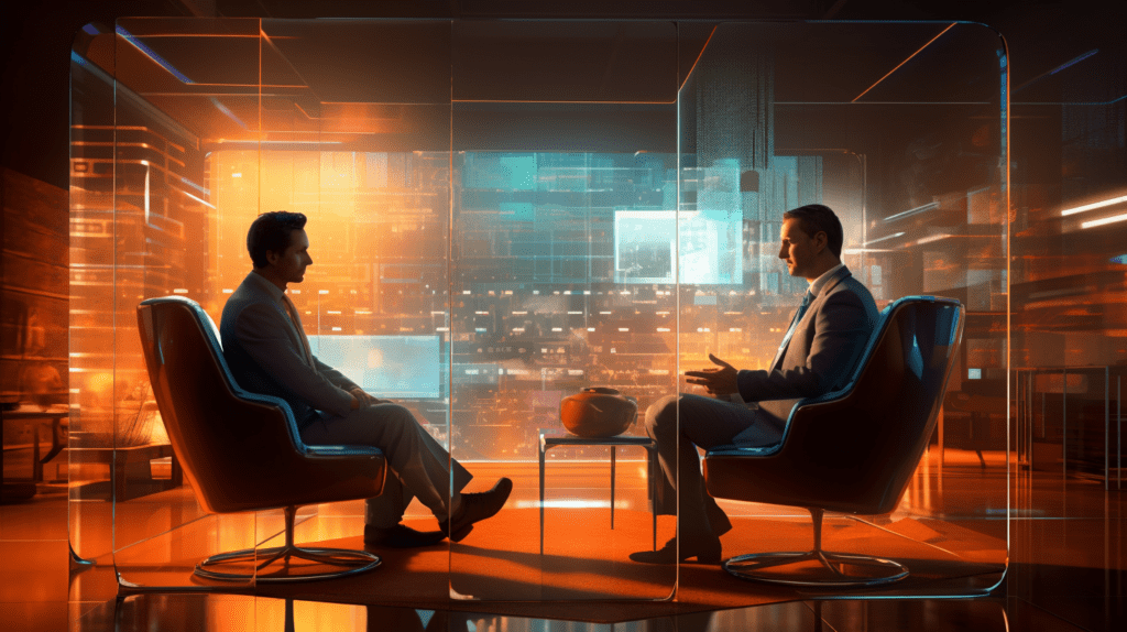 Two businessmen utilizing AI consulting and business optimization strategies in a futuristic city.