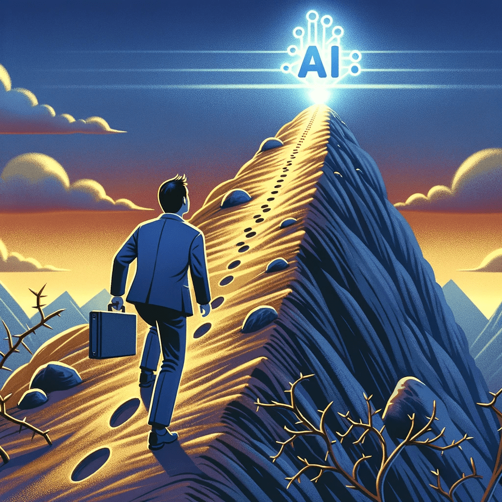 An illustration of a man walking up a mountain with the word AI incorporated.