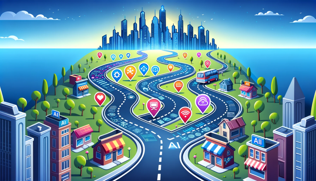 An illustration depicting the digital transformation of a city's road and landmarks, driving business growth through automation.
