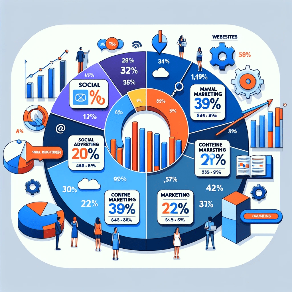 Infographics illustrating small business marketing growth with graphs and people on a blue background.