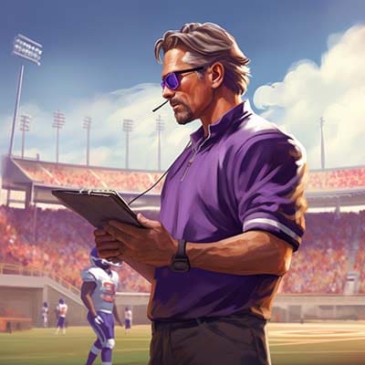 An illustration of a football coach holding a clipboard, showcasing effective Small Business Strategy.