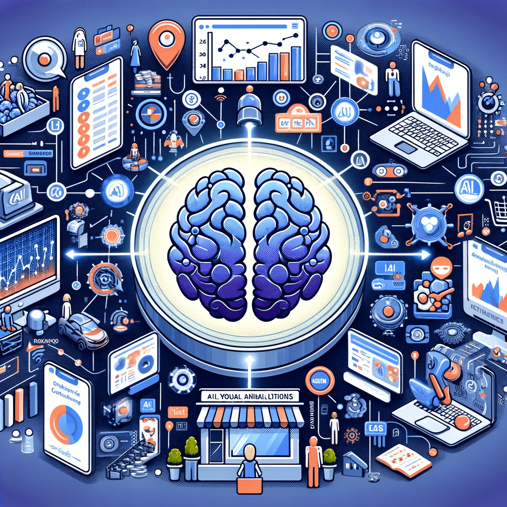 An isometric image of a brain surrounded by icons, showcasing the integration of AI in marketing.