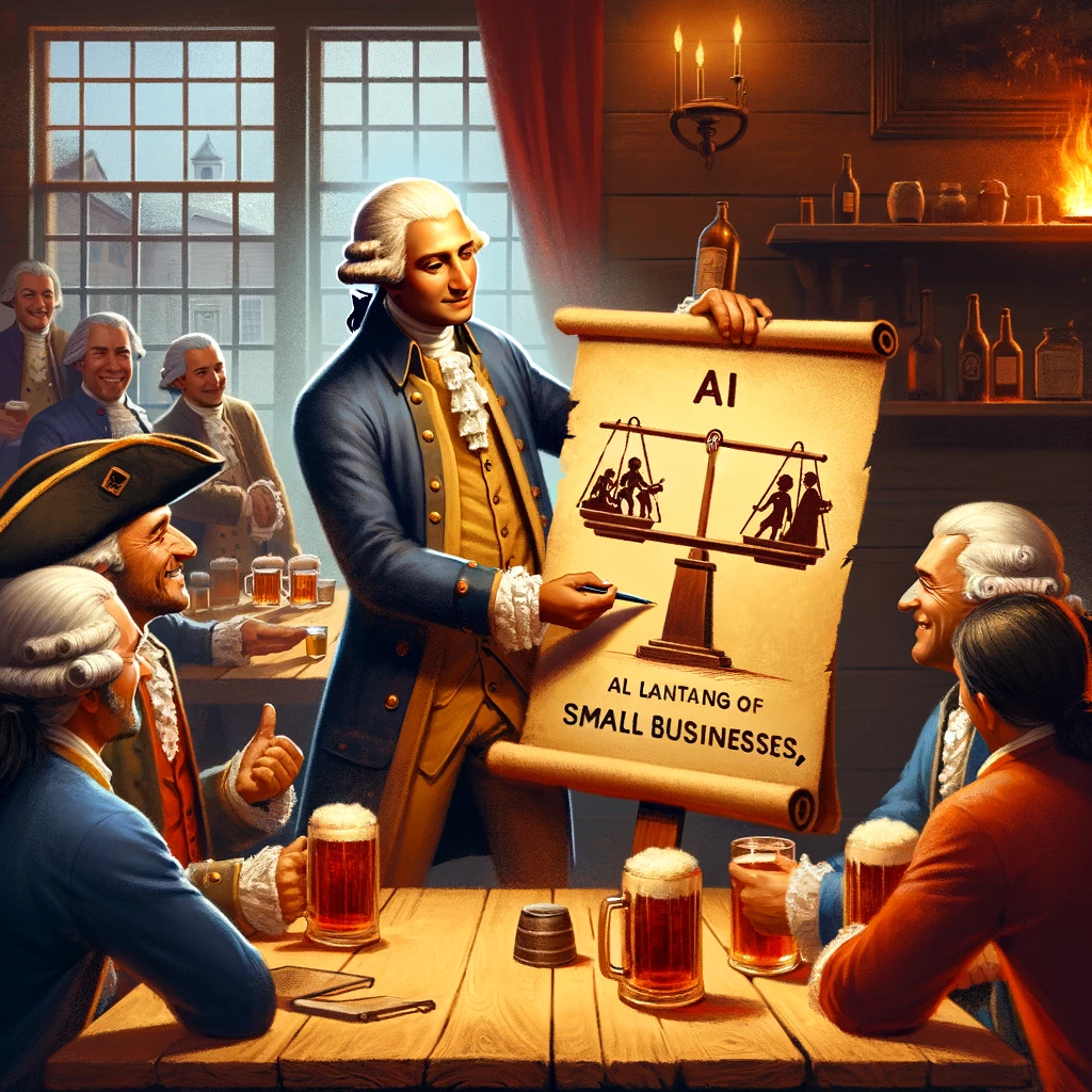 George Washington and a group of men are sitting at a table discussing how AI is Leveling the Playing Field
