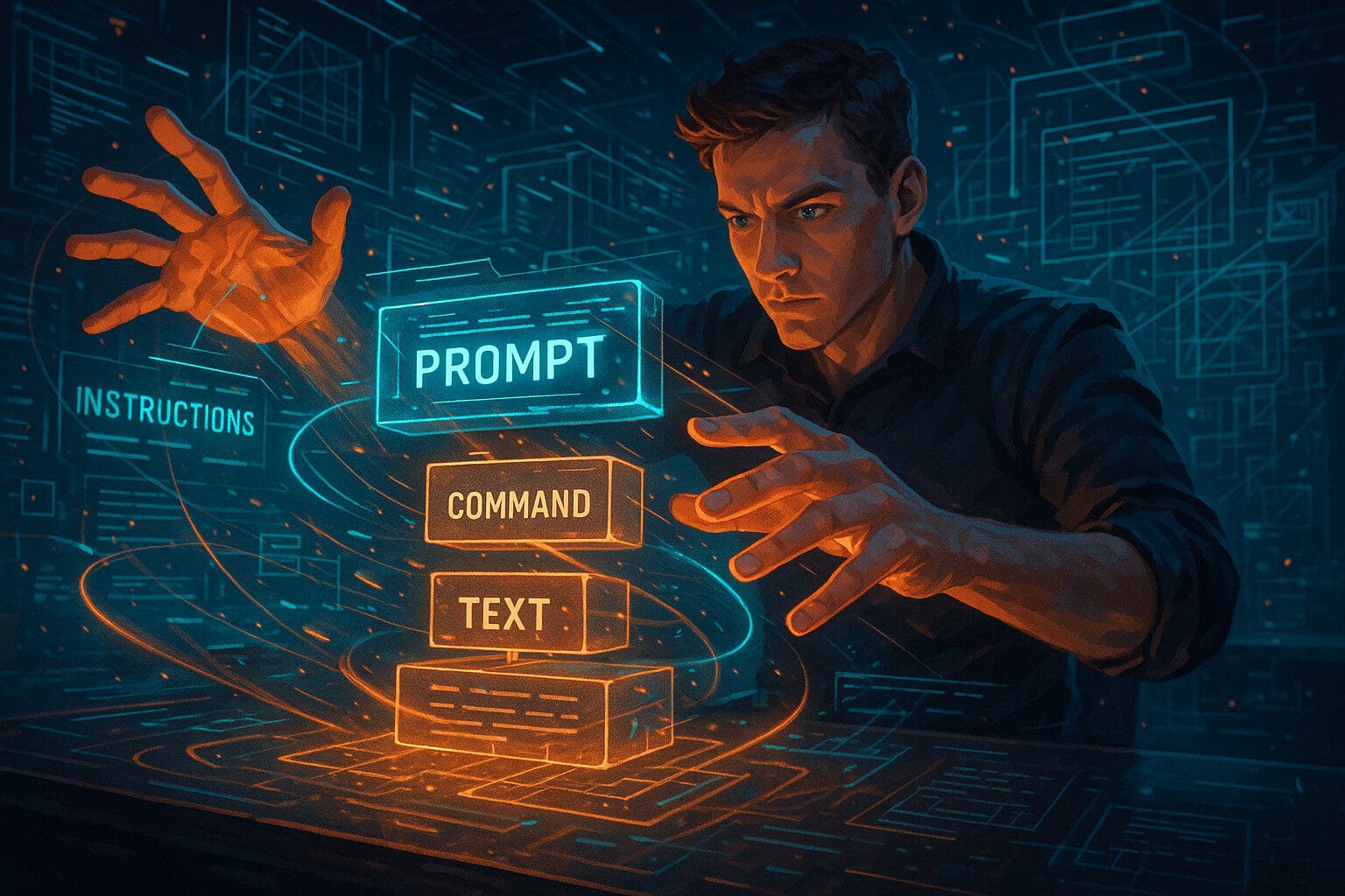 A focused man manipulates glowing digital blocks labeled "Prompt," "Command," and "Text" in a high-tech, futuristic environment filled with floating instructions and data charts, showcasing advanced prompting shortcut techniques for content planning.