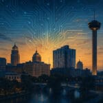 San Antonio skyline at sunrise with digital circuit patterns symbolizing AI integration for businesses.