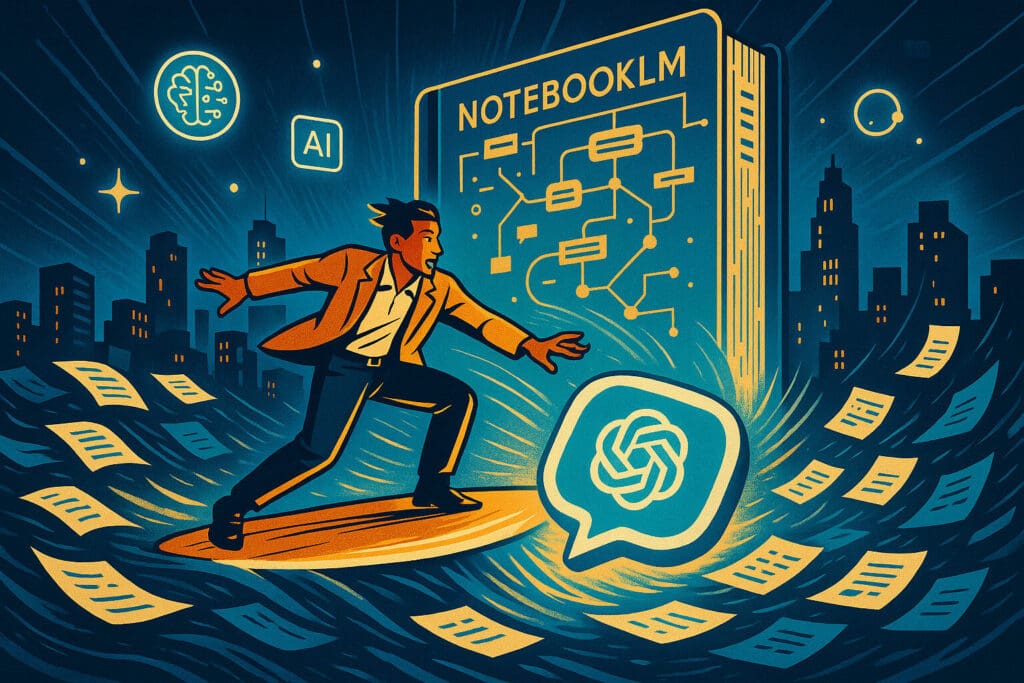 Entrepreneur surfing a wave of digital documents toward a glowing ChatGPT icon, heading for a giant AI-powered NotebookLM with city skyline and tech symbols in the background.