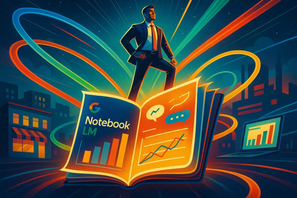 Confident business leader standing on a giant glowing Google NotebookLM, with charts, data streams, and digital insights swirling around in a futuristic city backdrop.