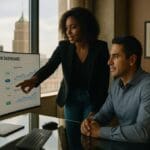 Two professionals in an office review an AI integration workflow dashboard on a computer screen. The woman stands and points at a rising graph, while the man sits and observes attentively, with city buildings visible through the window.