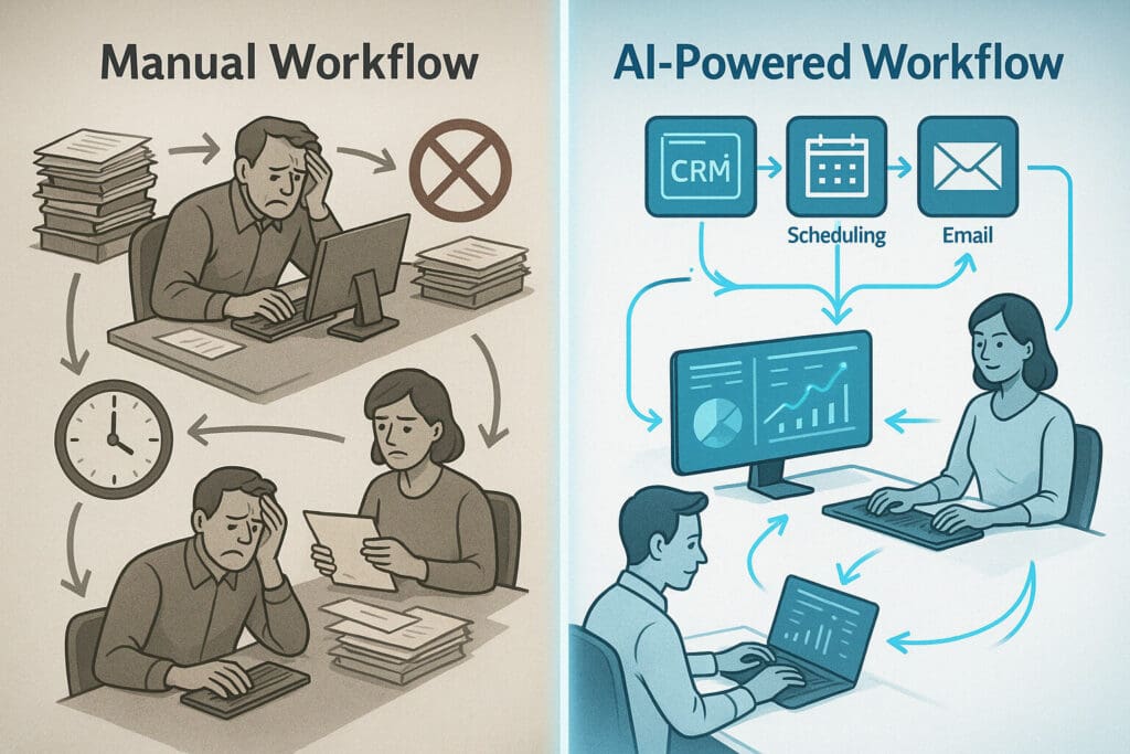 Side-by-side comparison of a manual workflow vs. an AI-powered workflow showing stressed employees with paperwork versus efficient digital systems