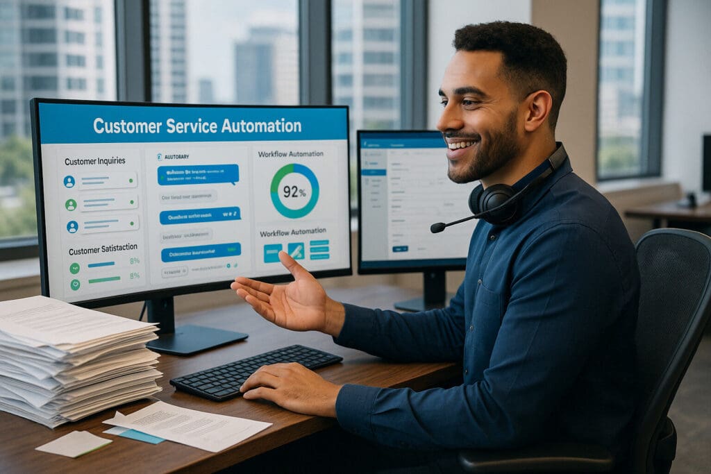 Professional celebrating automated workflows small business success