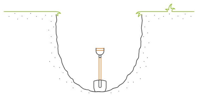 Illustration of a cross-section of a hole dug into the ground, showcasing where an AI assistant like ChatGPT might speculate buried treasures. A shovel stands upright in the center, cutting through the soil. Grass flourishes at the surface, adding a touch of life to this content creation gem.