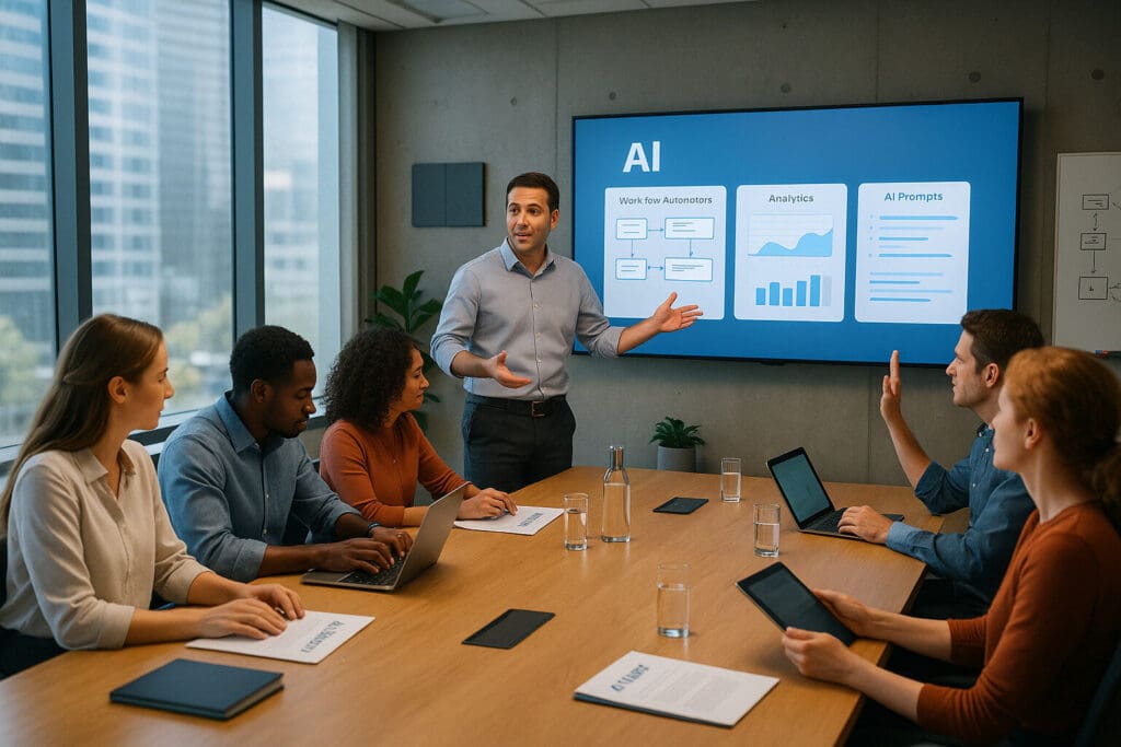 Business owner leading AI training session in a modern conference room with diverse, engaged employees using laptops and tablets
