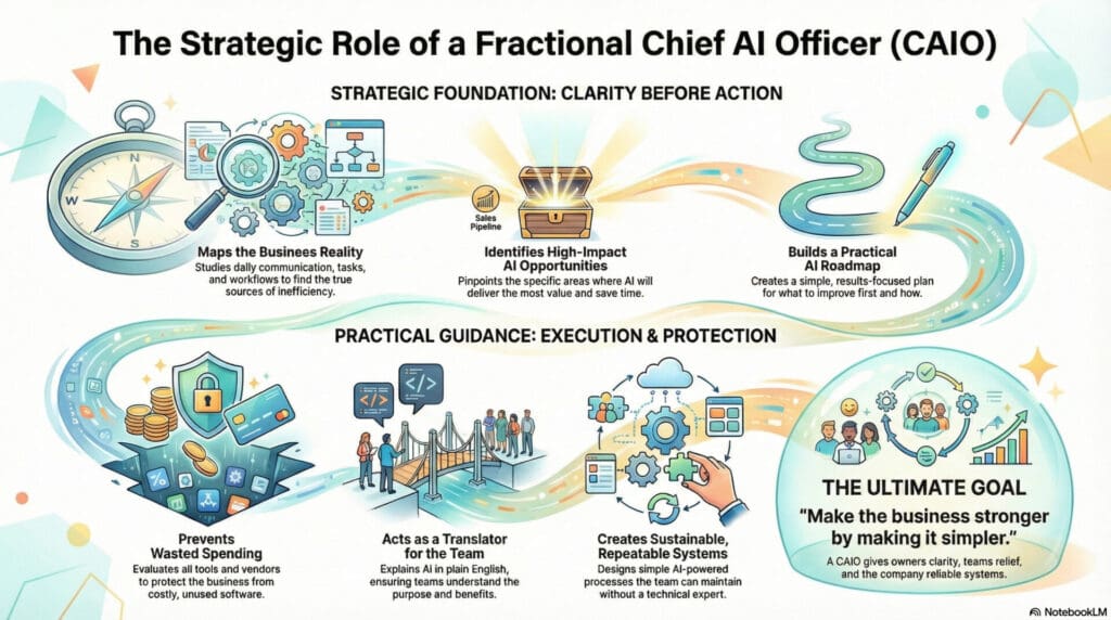 A detailed visual showing the full strategic role of a Fractional CAIO, from mapping the business reality to identifying high-impact AI opportunities, building an AI roadmap, preventing wasted spending, translating AI for the team, and creating sustainable systems.