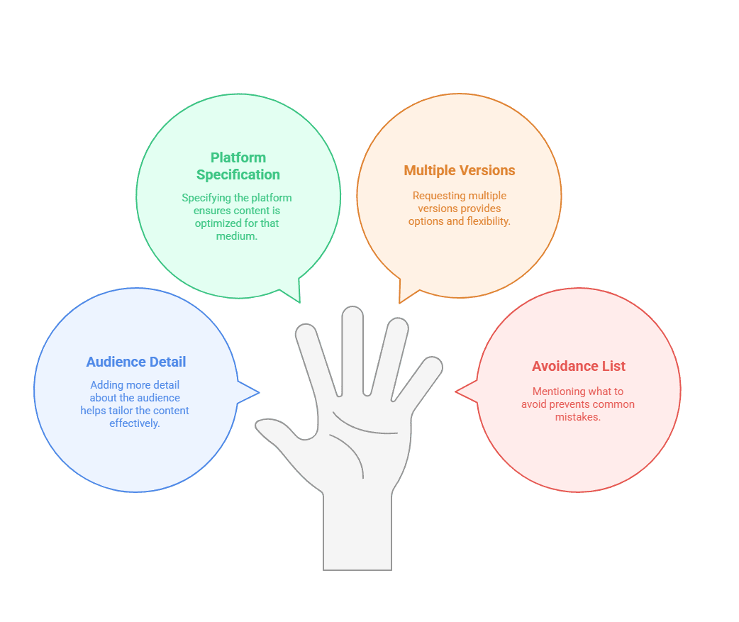 A graphic of a hand with four speech bubbles—Platform Specification, Audience Detail, Multiple Versions, and Avoidance List—showcasing key elements for content planning to optimize communication and save time.