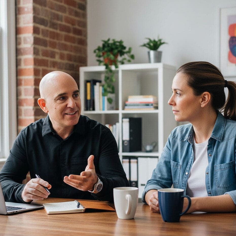 Consultant meeting with a small business owner over coffee in a modern office.
